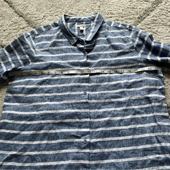 Garnet Hill Linen Tunic Blue white Striped Shirt Blouse button front large - Picture 4 of 8